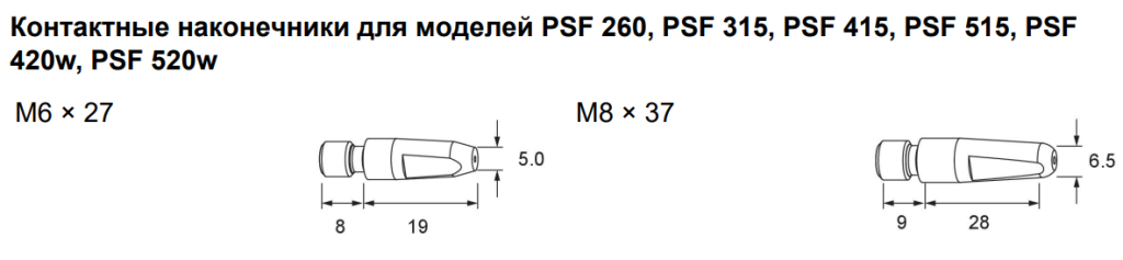 Контактные наконечники для моделей PSF 260, PSF 315, PSF 415, PSF 515, PSF 420w, PSF 520w Контактные наконечники для моделей PSF 260, PSF 315, PSF 415, PSF 515, PSF 420w, PSF 520w